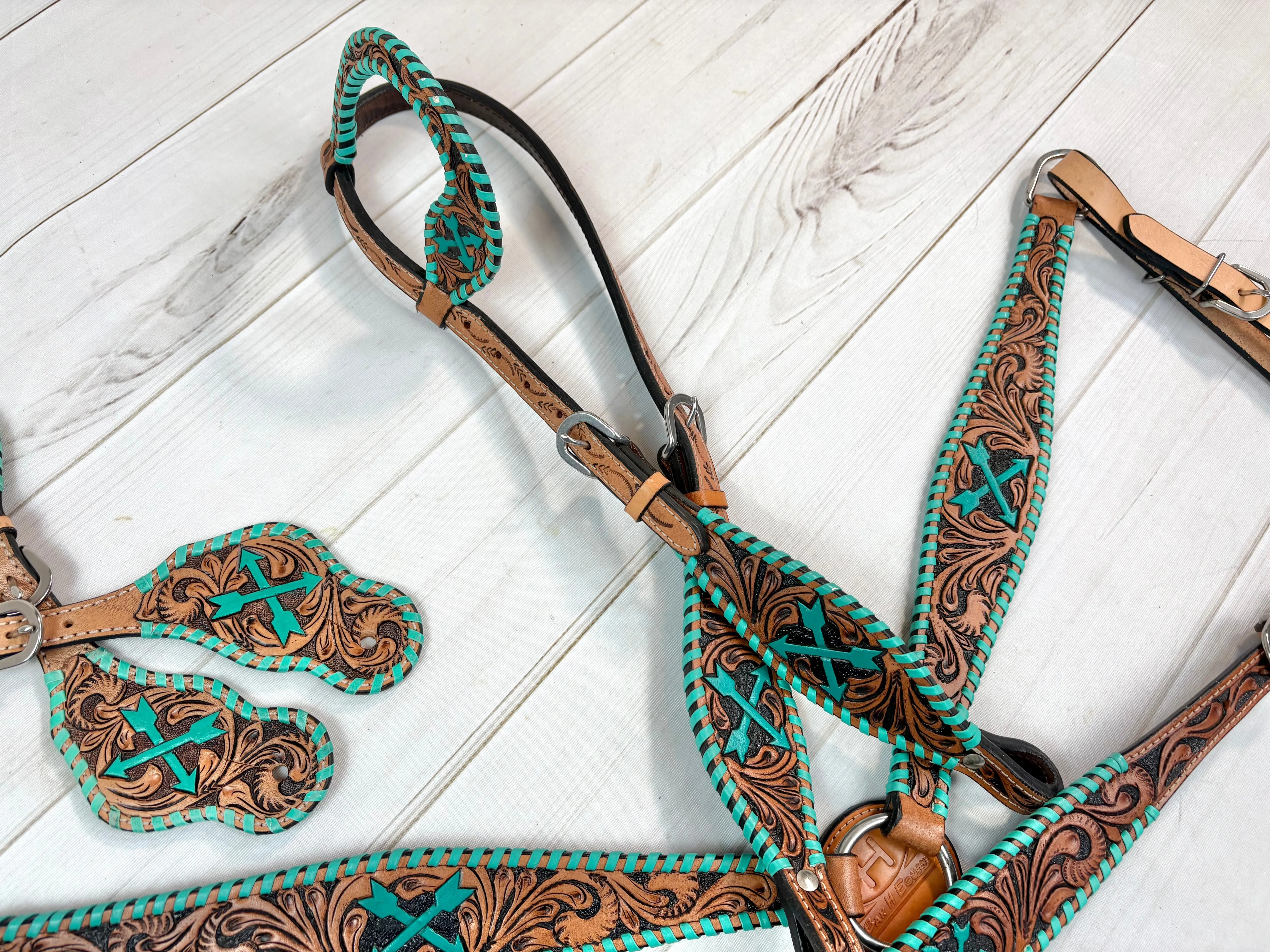 Turquoise Arrow Whipstitch Leather Tooled Tack Set