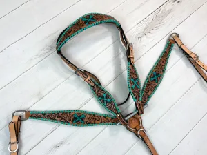 Turquoise Arrow Whipstitch Leather Tooled Tack Set