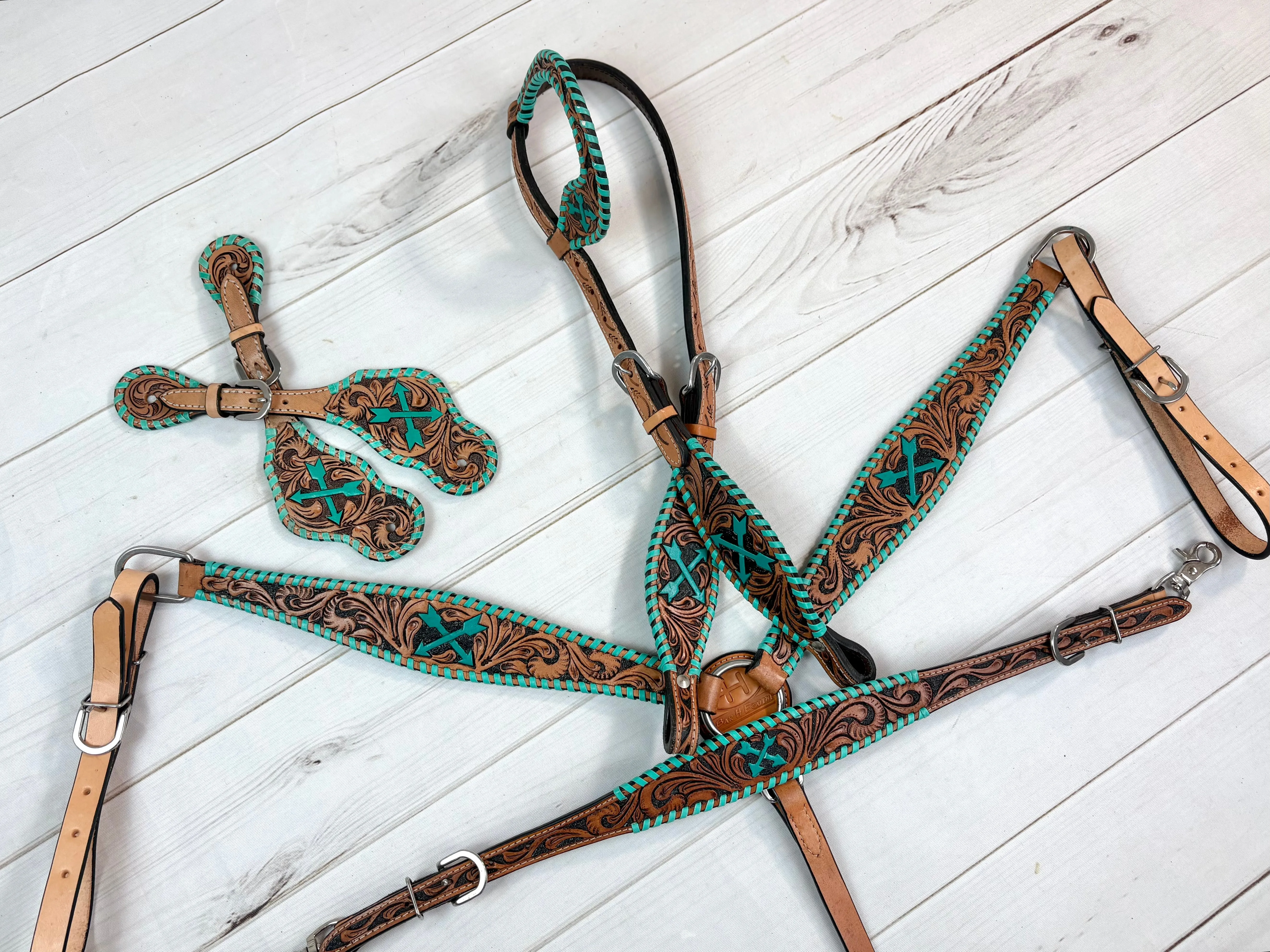 Turquoise Arrow Whipstitch Leather Tooled Tack Set