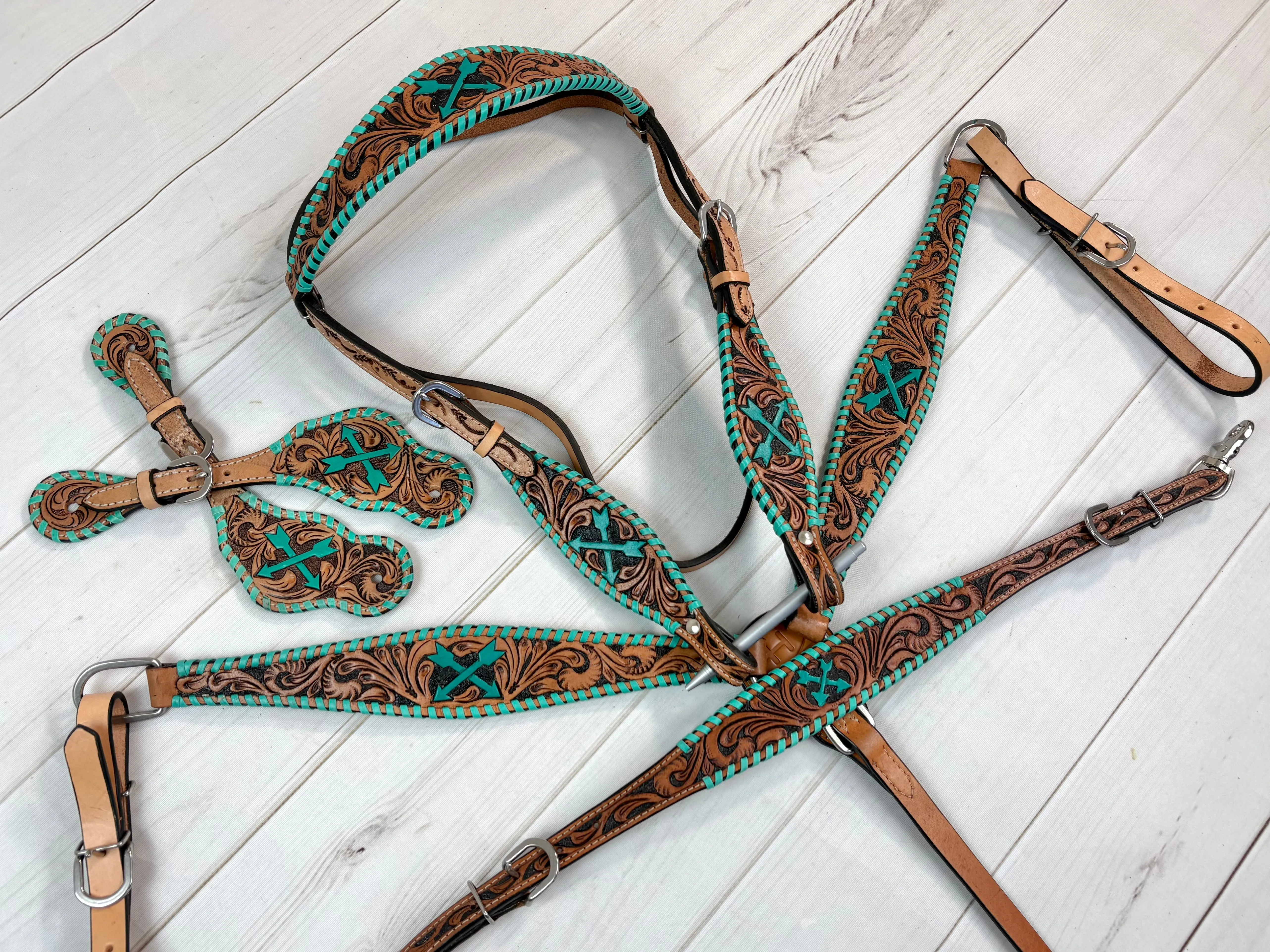 Turquoise Arrow Whipstitch Leather Tooled Tack Set