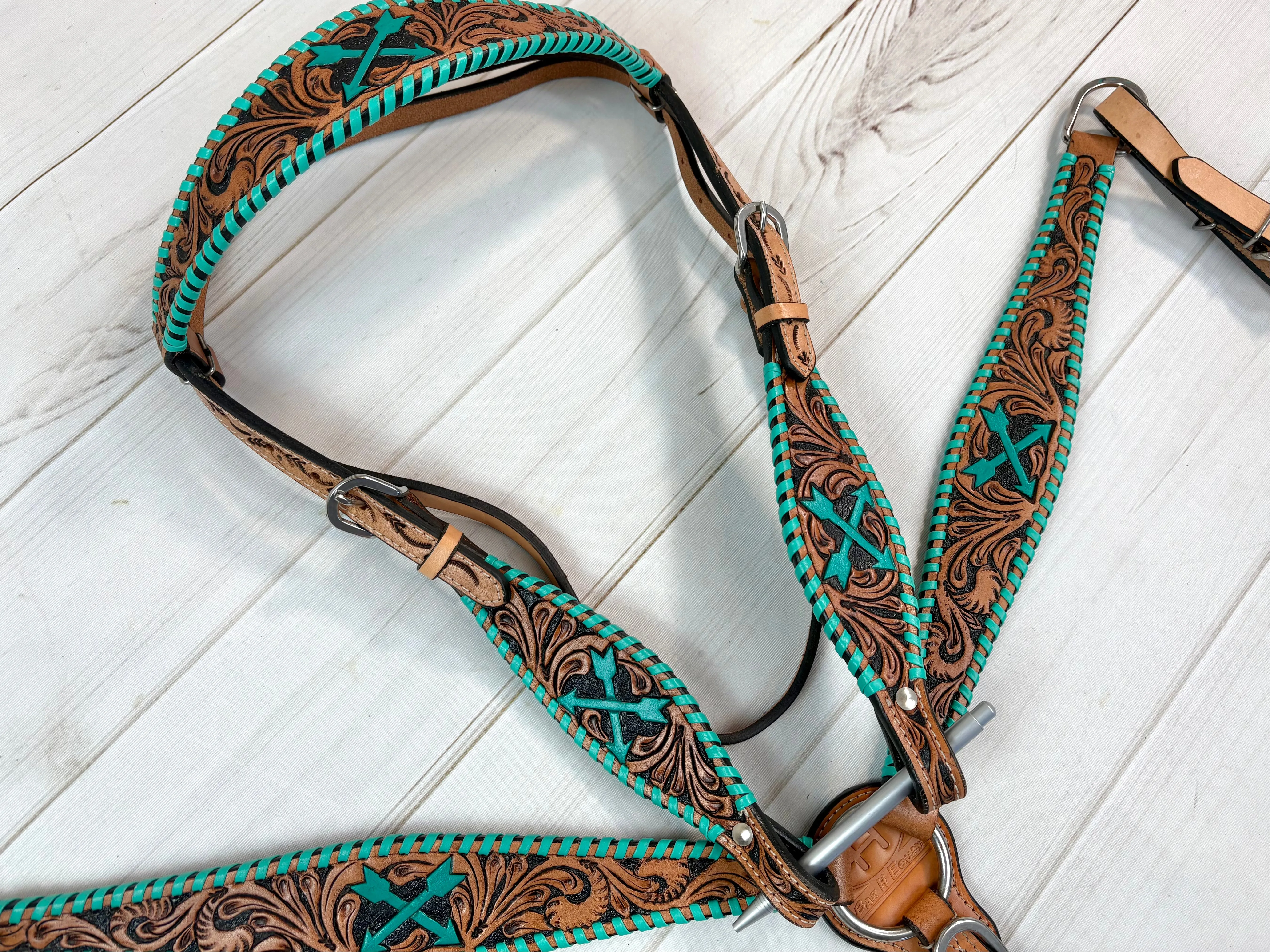 Turquoise Arrow Whipstitch Leather Tooled Tack Set