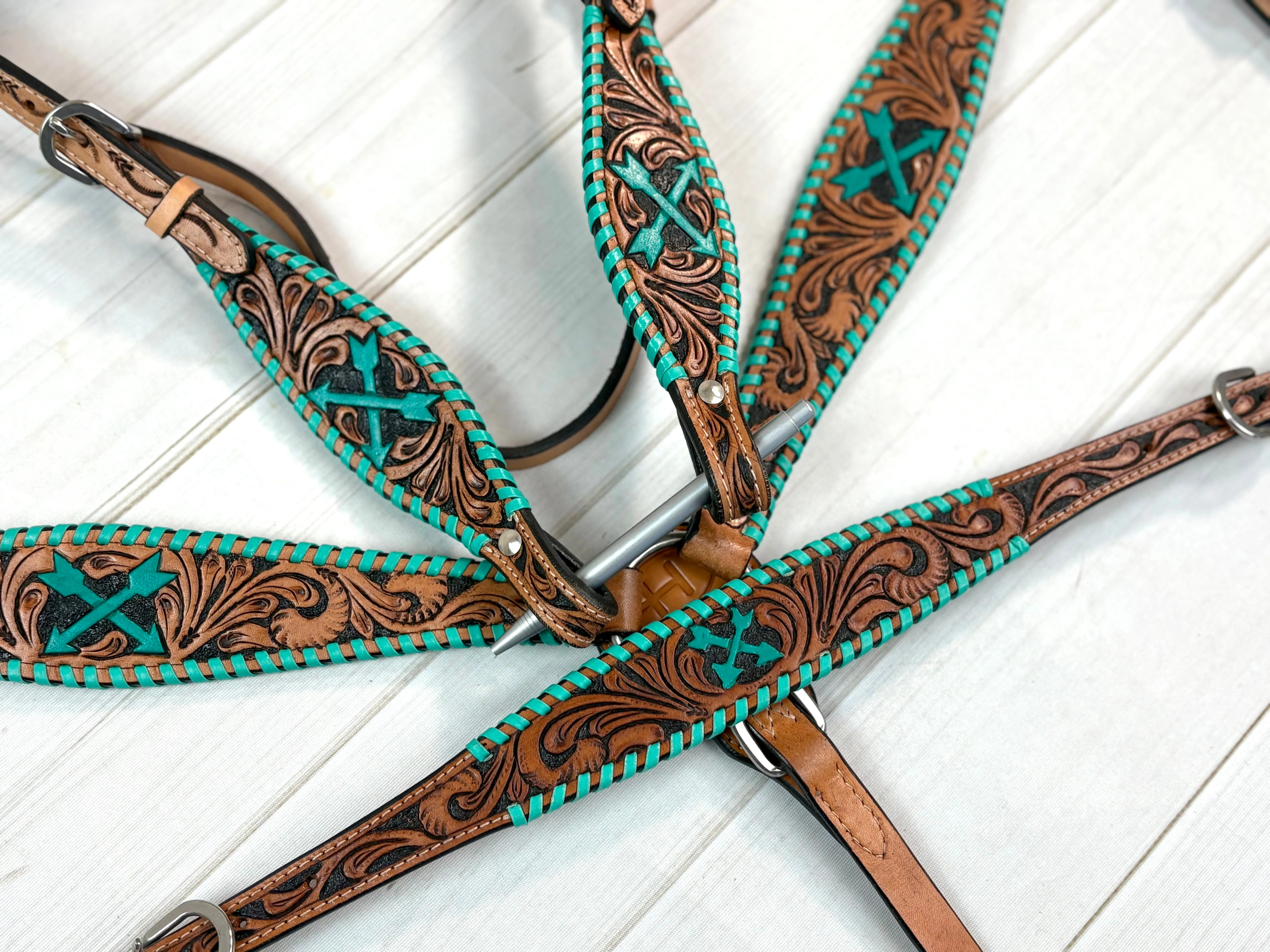 Turquoise Arrow Whipstitch Leather Tooled Tack Set