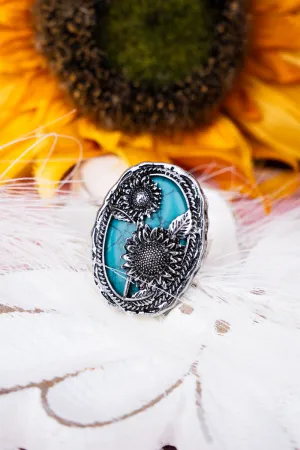 Turquoise Becka Sunflower Silvertone Ring