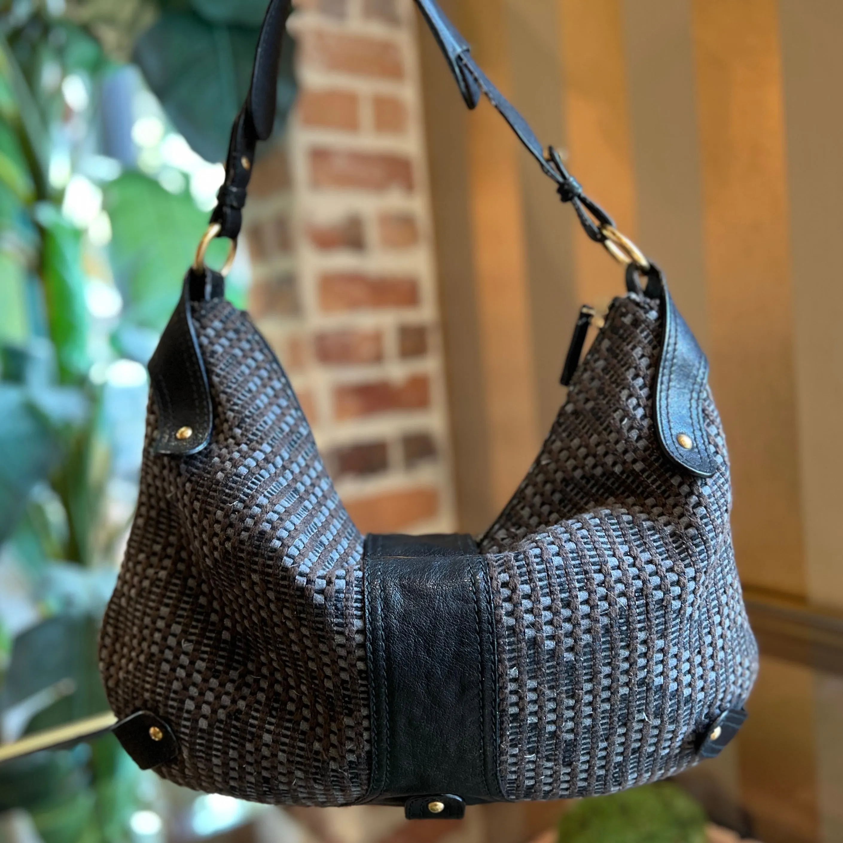 VALENTINO Brown Black Leather Tweed Wooden Crystal Embellished V Logo Hobo Bag TS3832