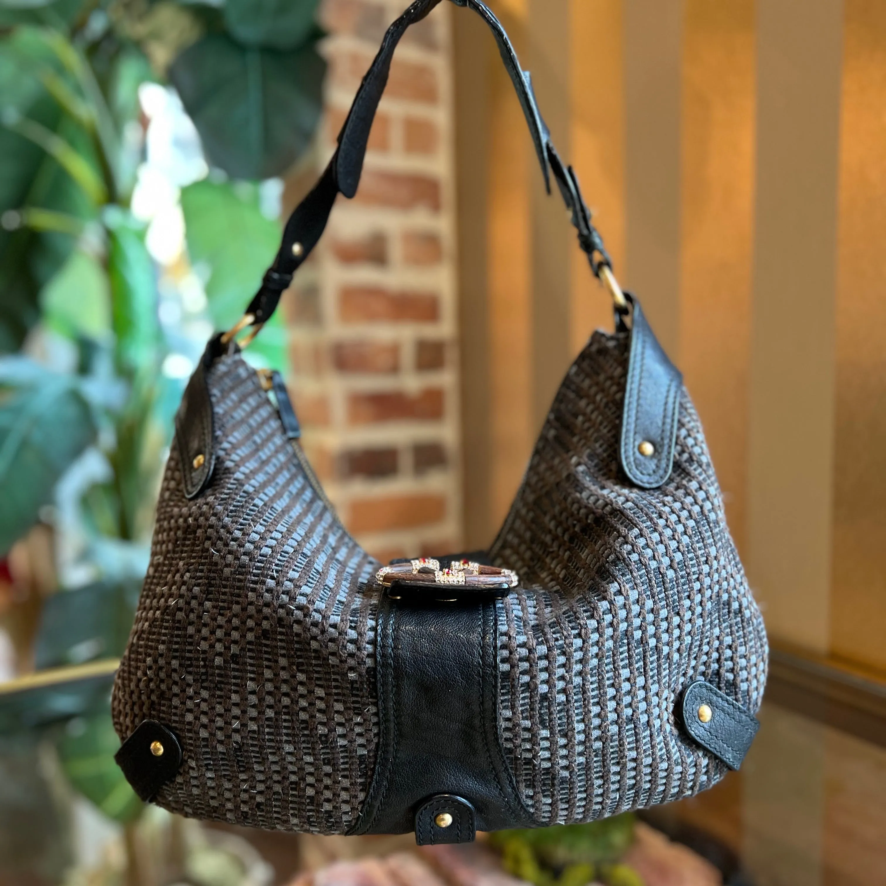 VALENTINO Brown Black Leather Tweed Wooden Crystal Embellished V Logo Hobo Bag TS3832
