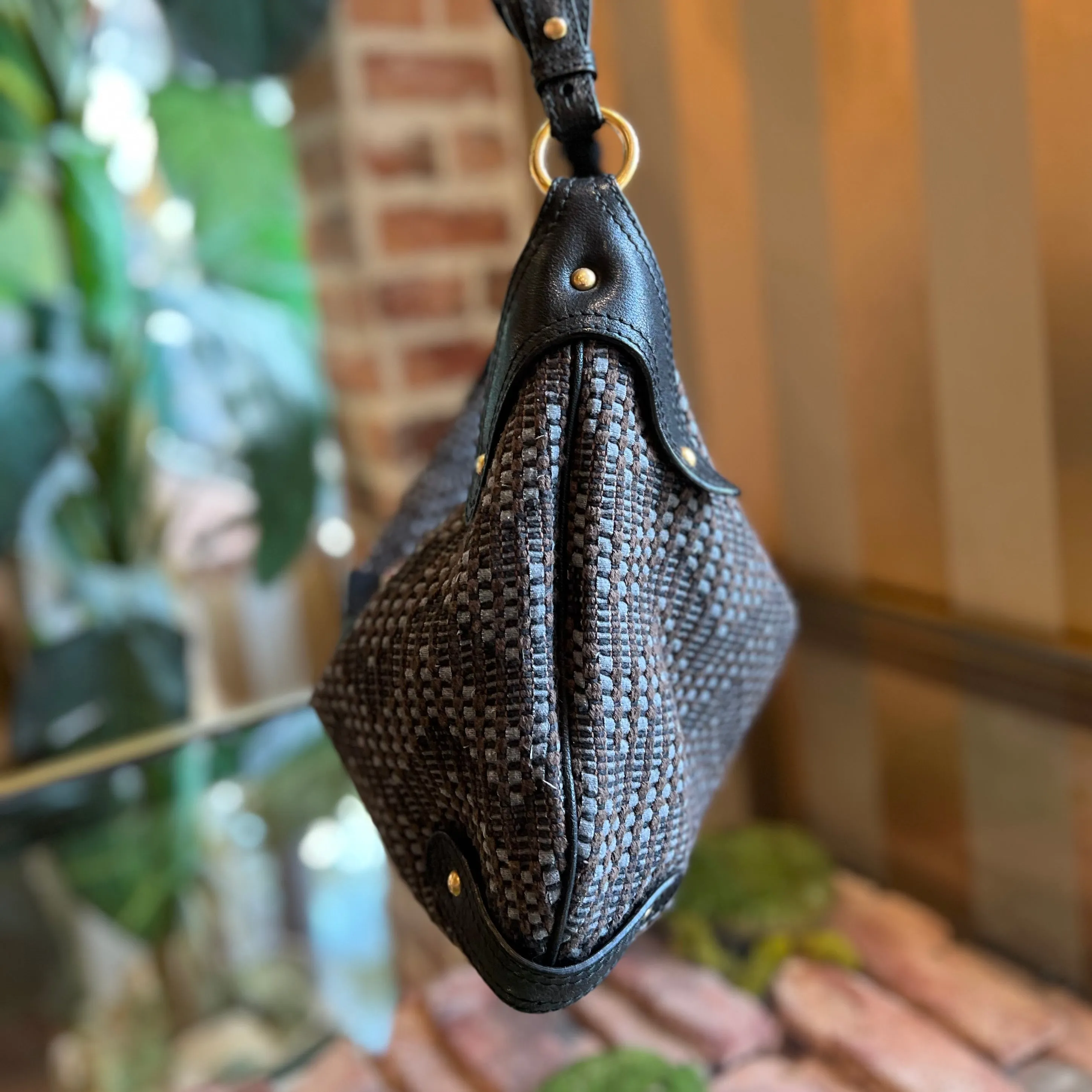 VALENTINO Brown Black Leather Tweed Wooden Crystal Embellished V Logo Hobo Bag TS3832