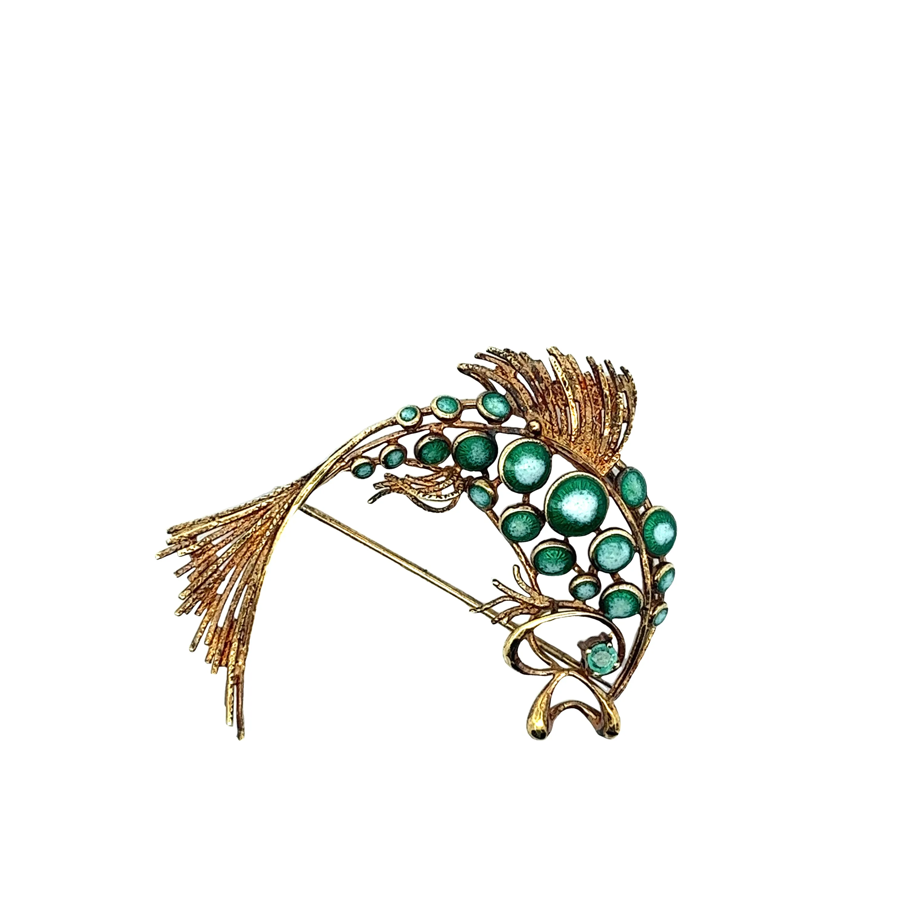 Vintage 14k yellow gold Green Malacite and Emerald Fish Pin