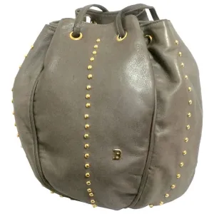 Vintage BALLY taupe gray lamb leather ball shape hobo bucket shoulder bag with golden B charm. Unique design. 050315r4