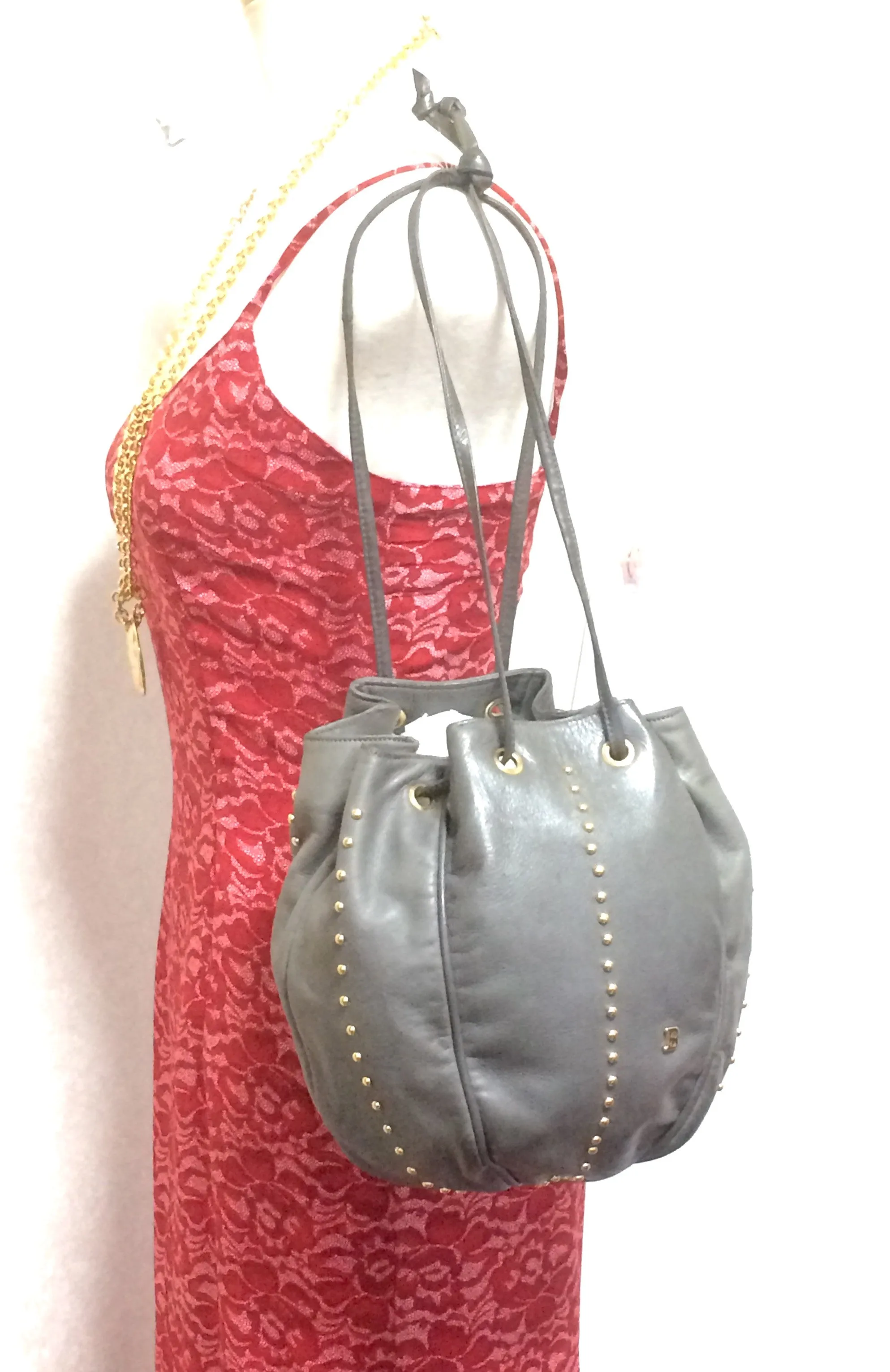Vintage BALLY taupe gray lamb leather ball shape hobo bucket shoulder bag with golden B charm. Unique design. 050315r4
