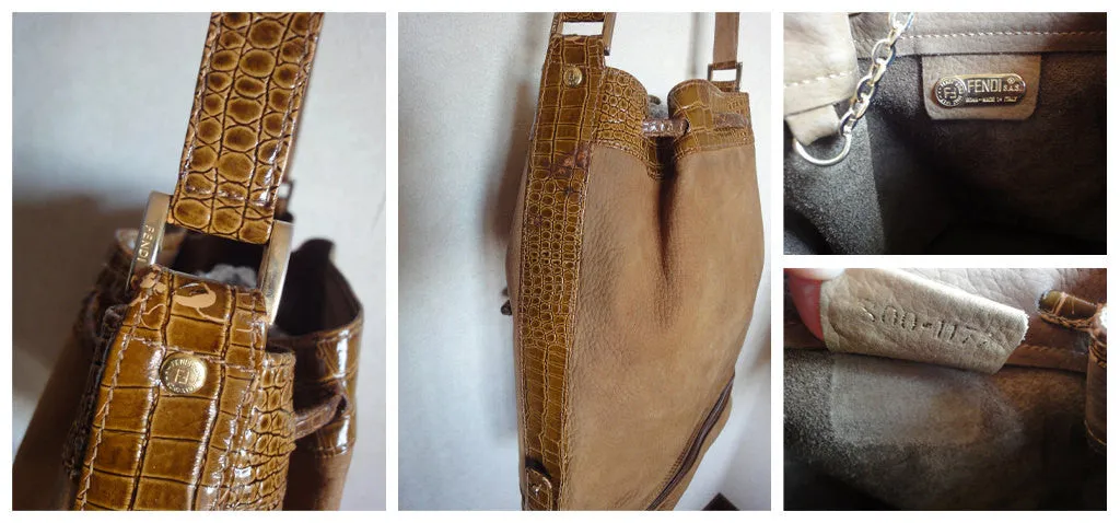 Vintage FENDI tan brown leather bucket hobo shoulder bag with croc embossed enamel leather trimmings and a golden logo charm. Unisex. 060711