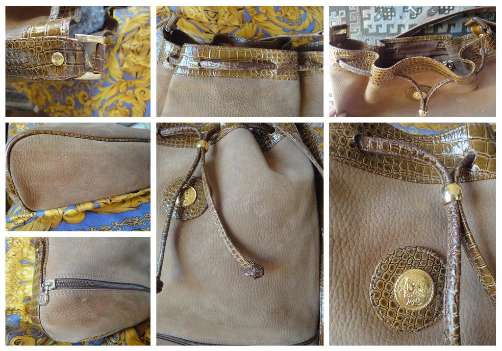 Vintage FENDI tan brown leather bucket hobo shoulder bag with croc embossed enamel leather trimmings and a golden logo charm. Unisex. 060711