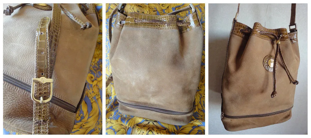 Vintage FENDI tan brown leather bucket hobo shoulder bag with croc embossed enamel leather trimmings and a golden logo charm. Unisex. 060711