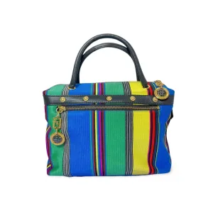 Vintage Gianni Versace duffle handbag in blue, yellow, green and other color fabric and black leather combination. 060810y1