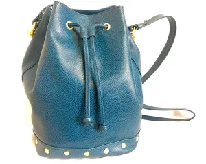 Vintage LANVIN blue grained leather hobo bucket shoulder bag with golden logo motifs.