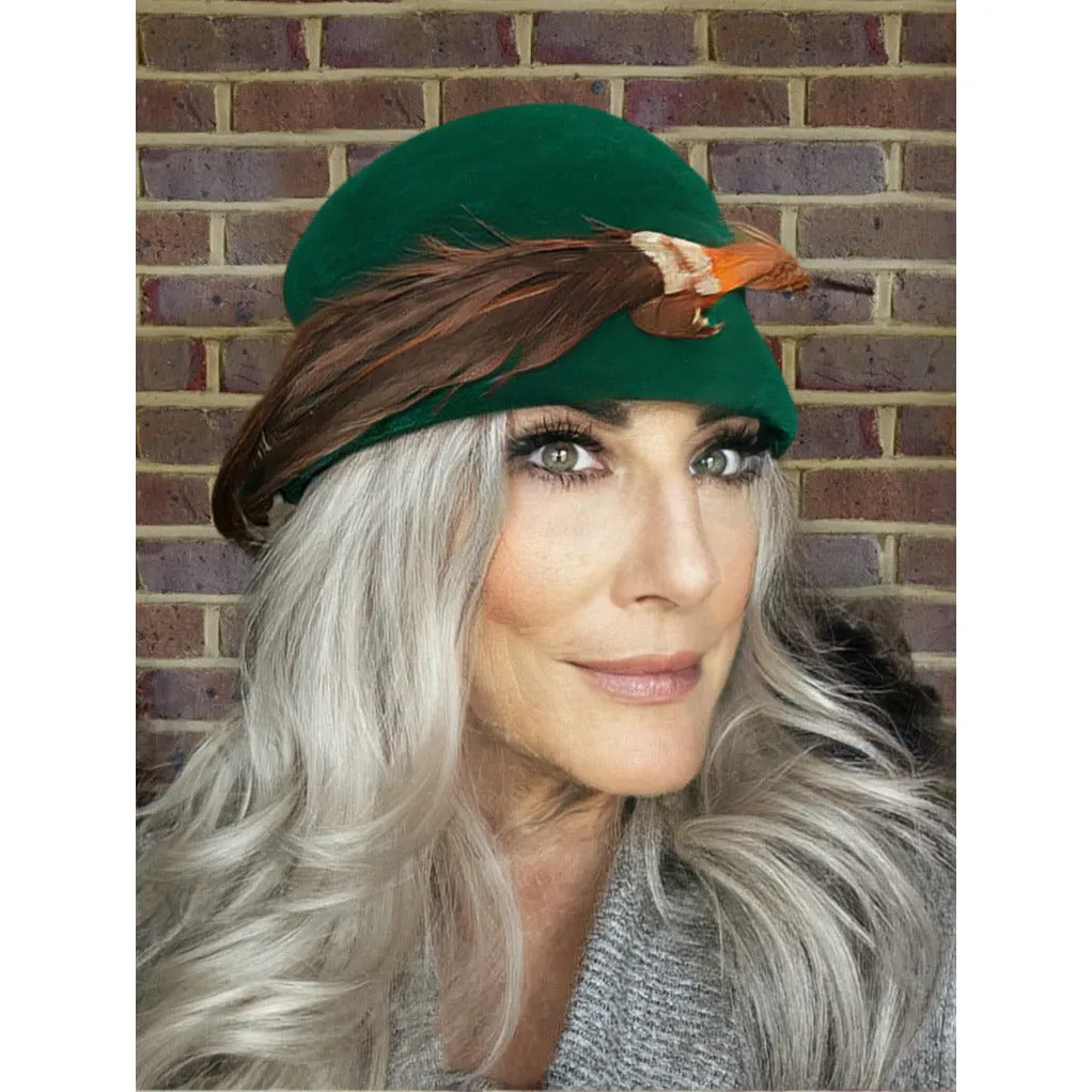 Vintage Lazarus  Bucket Hat 50s Emerald Green Velour Sweeping Feather Church O/S
