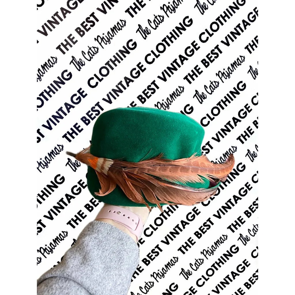 Vintage Lazarus  Bucket Hat 50s Emerald Green Velour Sweeping Feather Church O/S