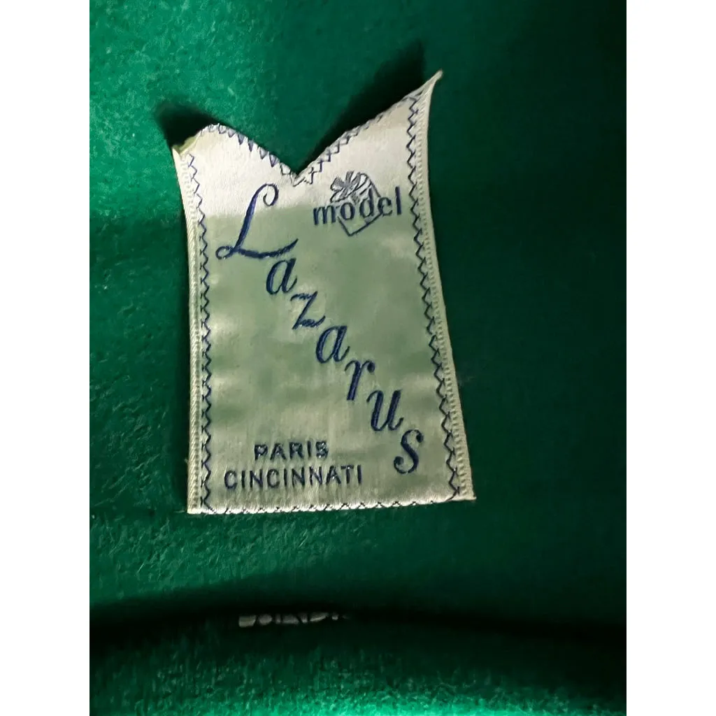 Vintage Lazarus  Bucket Hat 50s Emerald Green Velour Sweeping Feather Church O/S