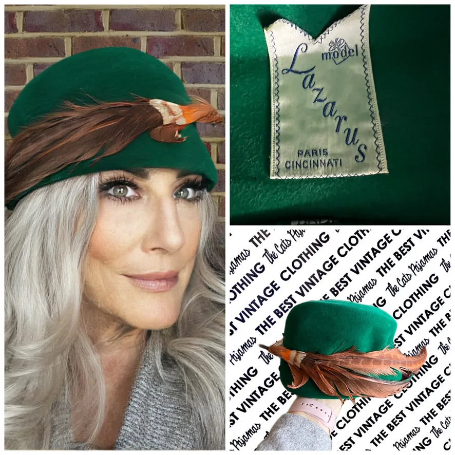 Vintage Lazarus  Bucket Hat 50s Emerald Green Velour Sweeping Feather Church O/S