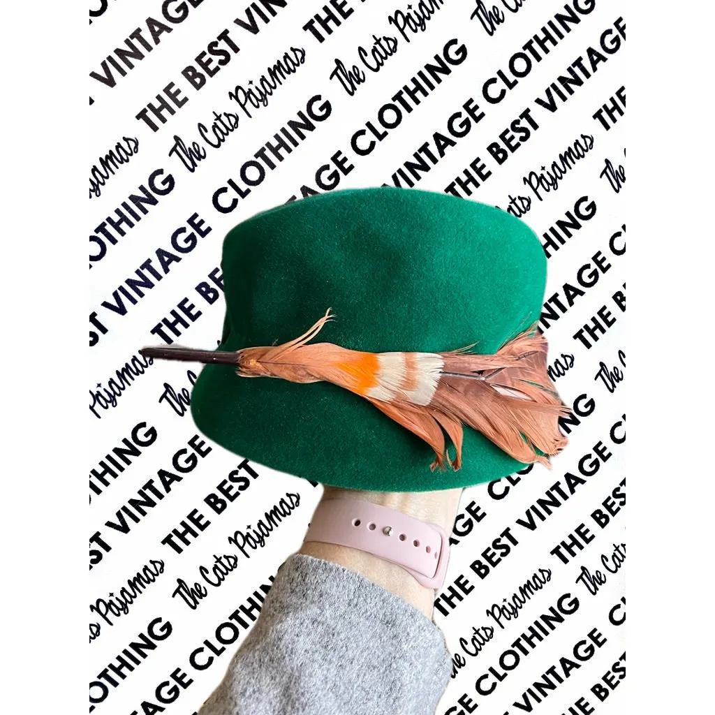 Vintage Lazarus  Bucket Hat 50s Emerald Green Velour Sweeping Feather Church O/S