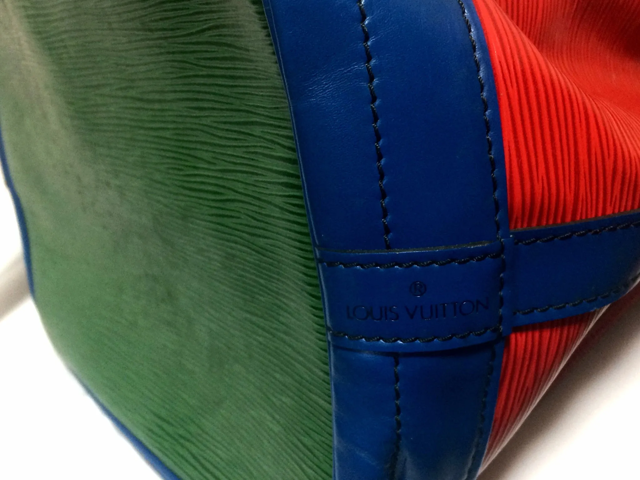 Vintage Louis Vuitton red, blue, and green, epi bucket hobo GM noe shoulder bag. Classic LV bag.