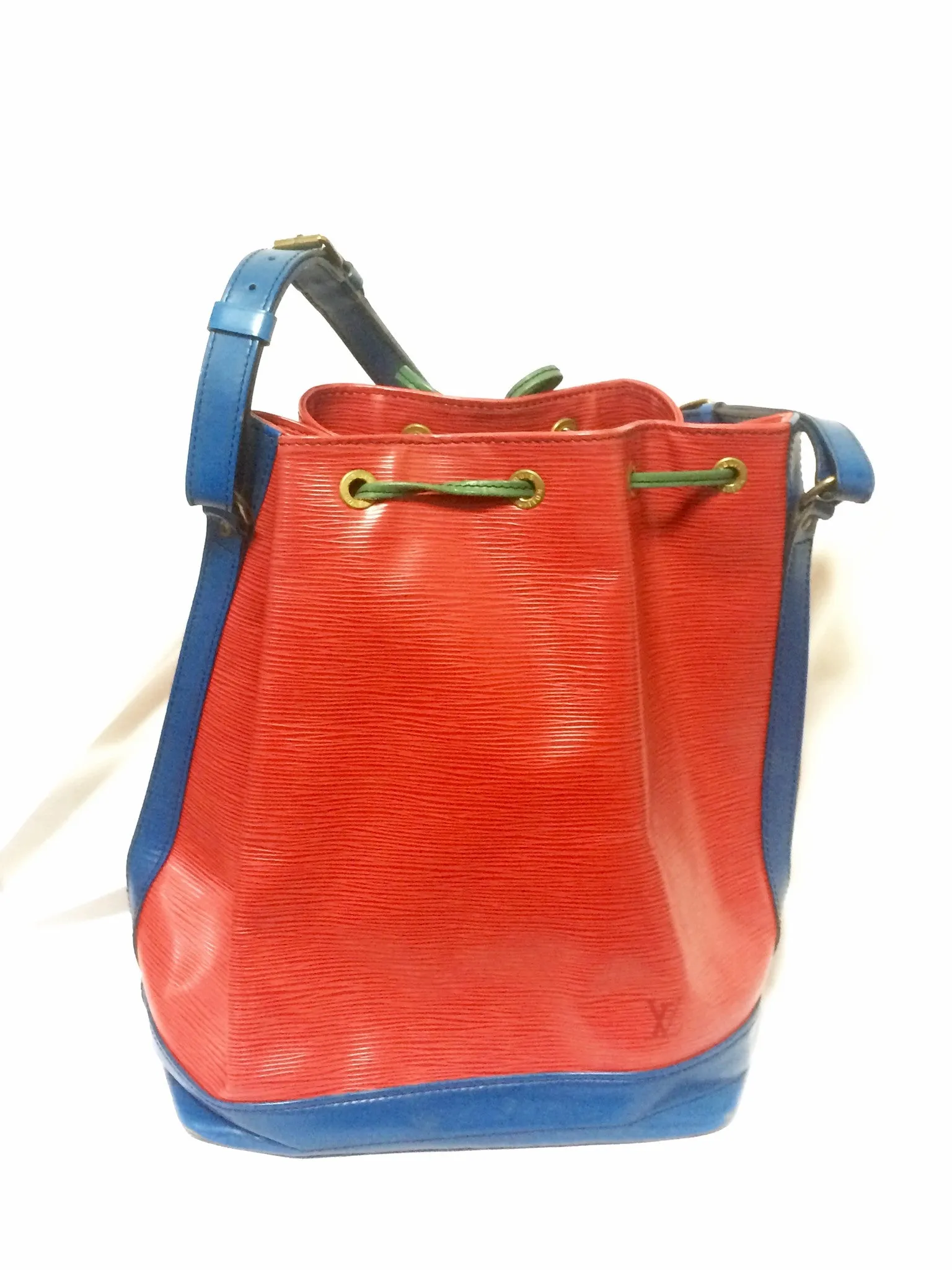 Vintage Louis Vuitton red, blue, and green, epi bucket hobo GM noe shoulder bag. Classic LV bag.
