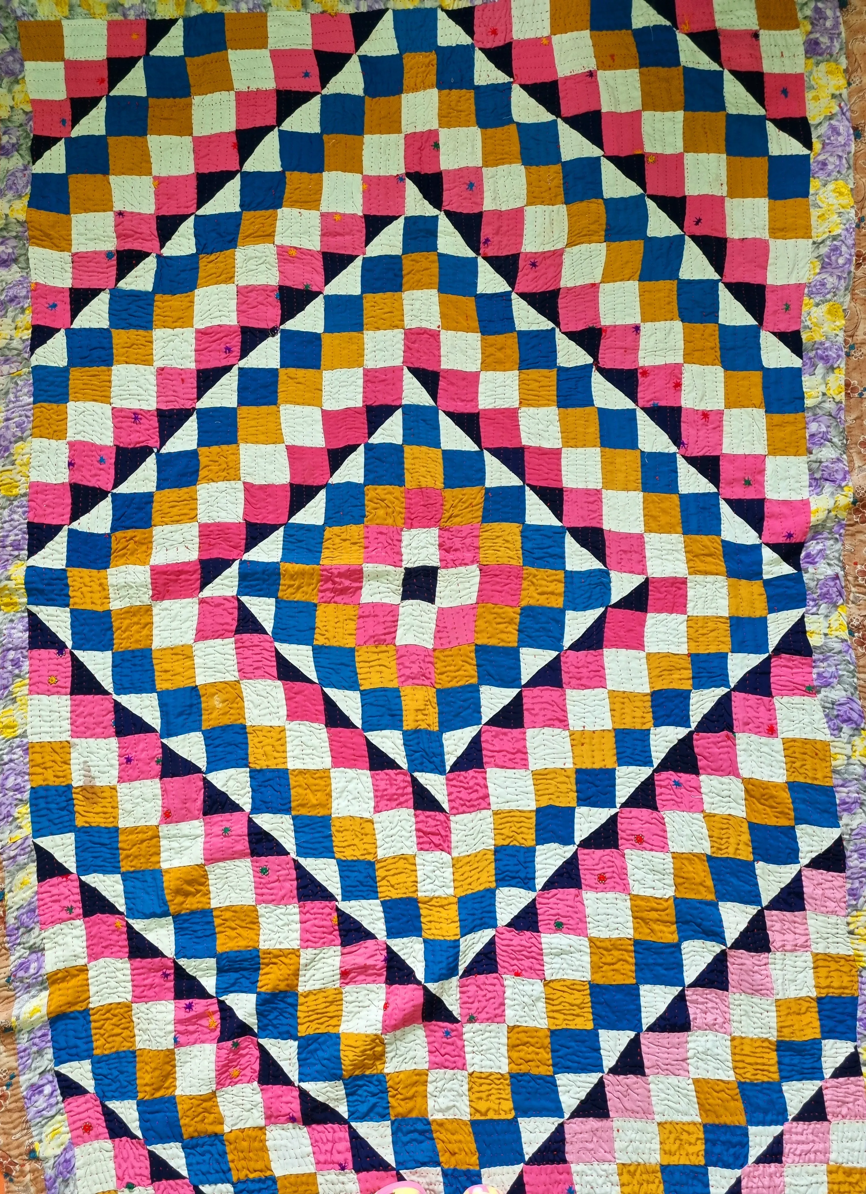 Vintage Pakistani kantha quilts - pink mustard and blue check
