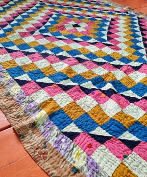 Vintage Pakistani kantha quilts - pink mustard and blue check