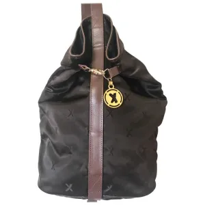 Vintage Paloma Picasso brown satin logo jacquard hobo shoulder bag with leather trimmings and golden logo charm. Classic bag for daily use.