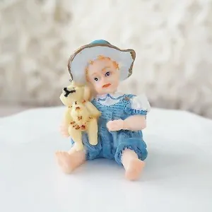 Vintage Style Blue Boy with Teddy Bear Figurine Statue Classic Americana Baby