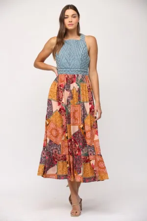 Washed denim quilted skirt maxi dress
