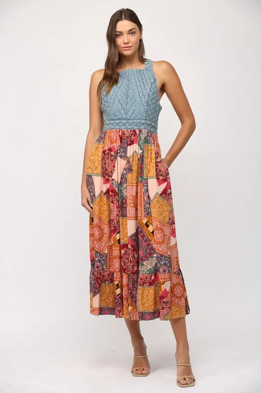 Washed denim quilted skirt maxi dress