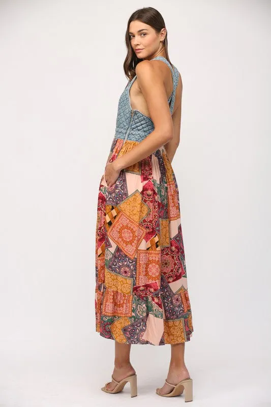 Washed denim quilted skirt maxi dress