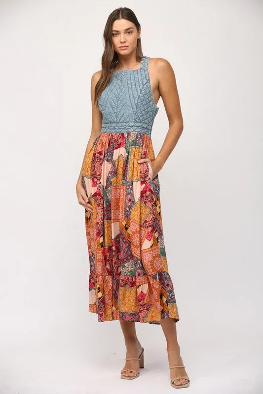 Washed denim quilted skirt maxi dress