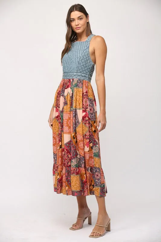 Washed denim quilted skirt maxi dress