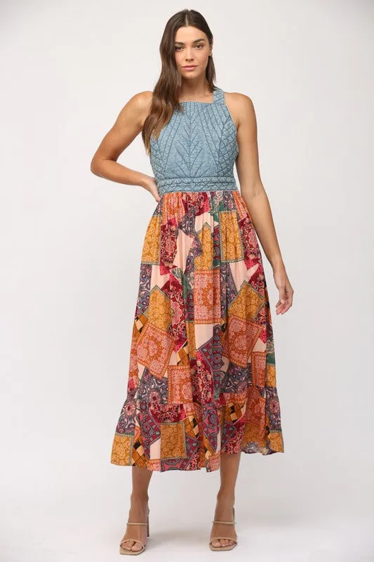 Washed denim quilted skirt maxi dress
