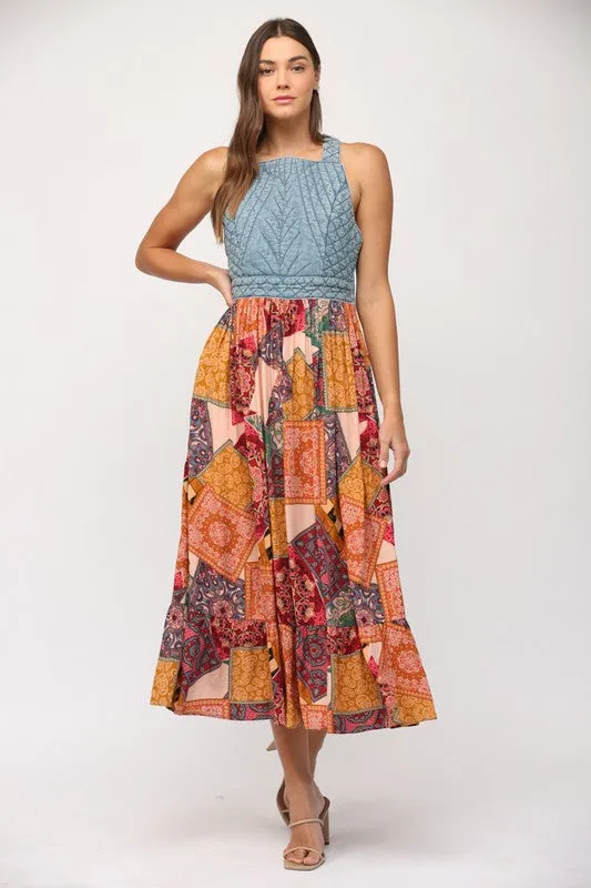 Washed denim quilted skirt maxi dress