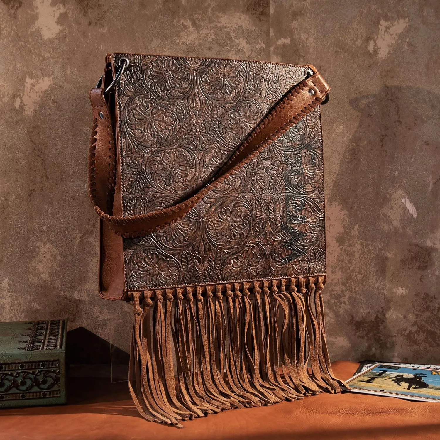 WG45G-918 Wrangler Floral Embossed Fringe Concealed Carry Hobo/Crossbody - Brown