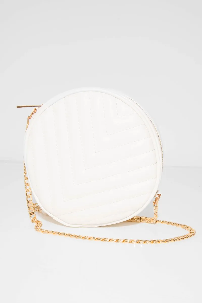White Faux Leather Quilted Circle Bag - Chesca