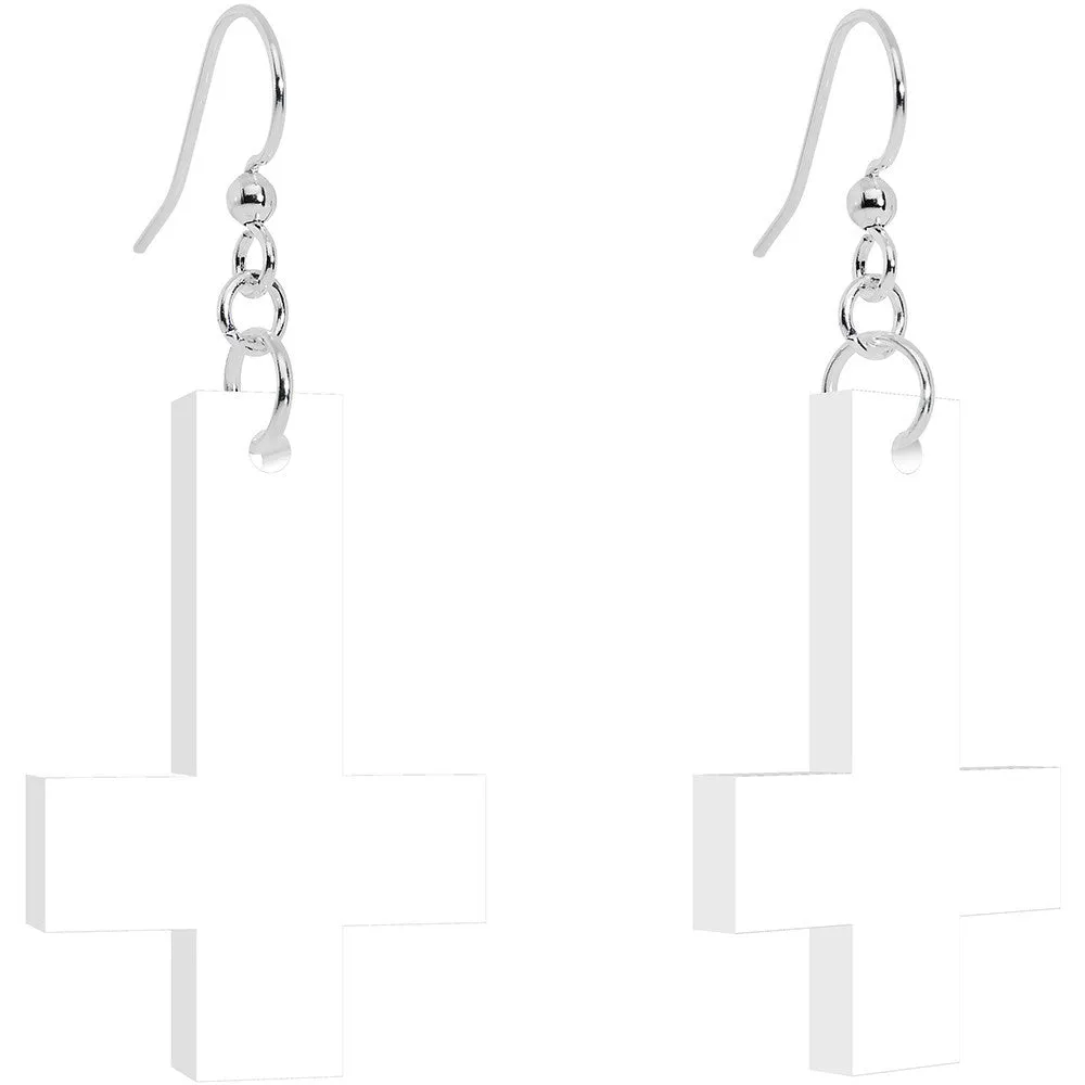 White Inverted Cross Dangle Earrings