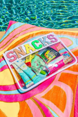 White SNACKS Chenille Letters Zipped Clear Pouch