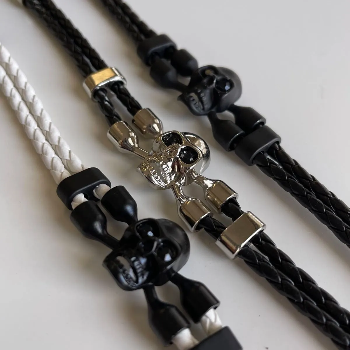 White/Black or Black/Black Leather Skull Bracelet w/Black CZ Eyes