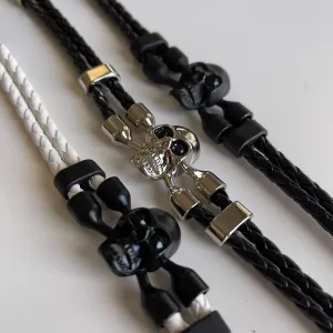 White/Black or Black/Black Leather Skull Bracelet w/Black CZ Eyes
