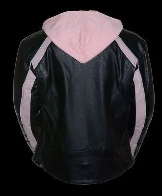 WOMEN'S STRIPED MOTORCYCLE SCOOTER LEATHER JACKET W/ REMOVABLE HOODIE BLK PINK
