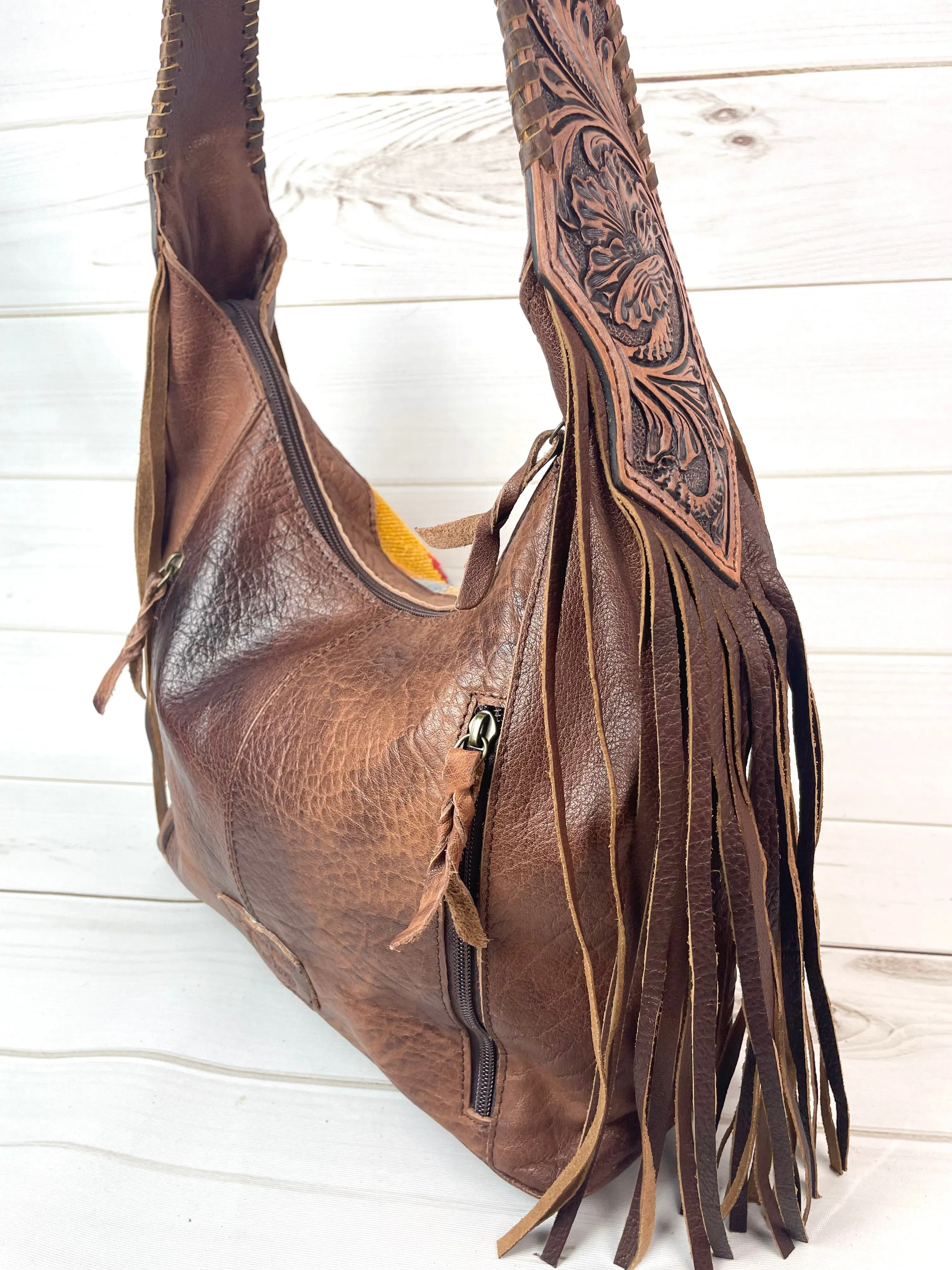 Yellow and Turquoise Wool Pattern Hobo Leather Fringe Handbag