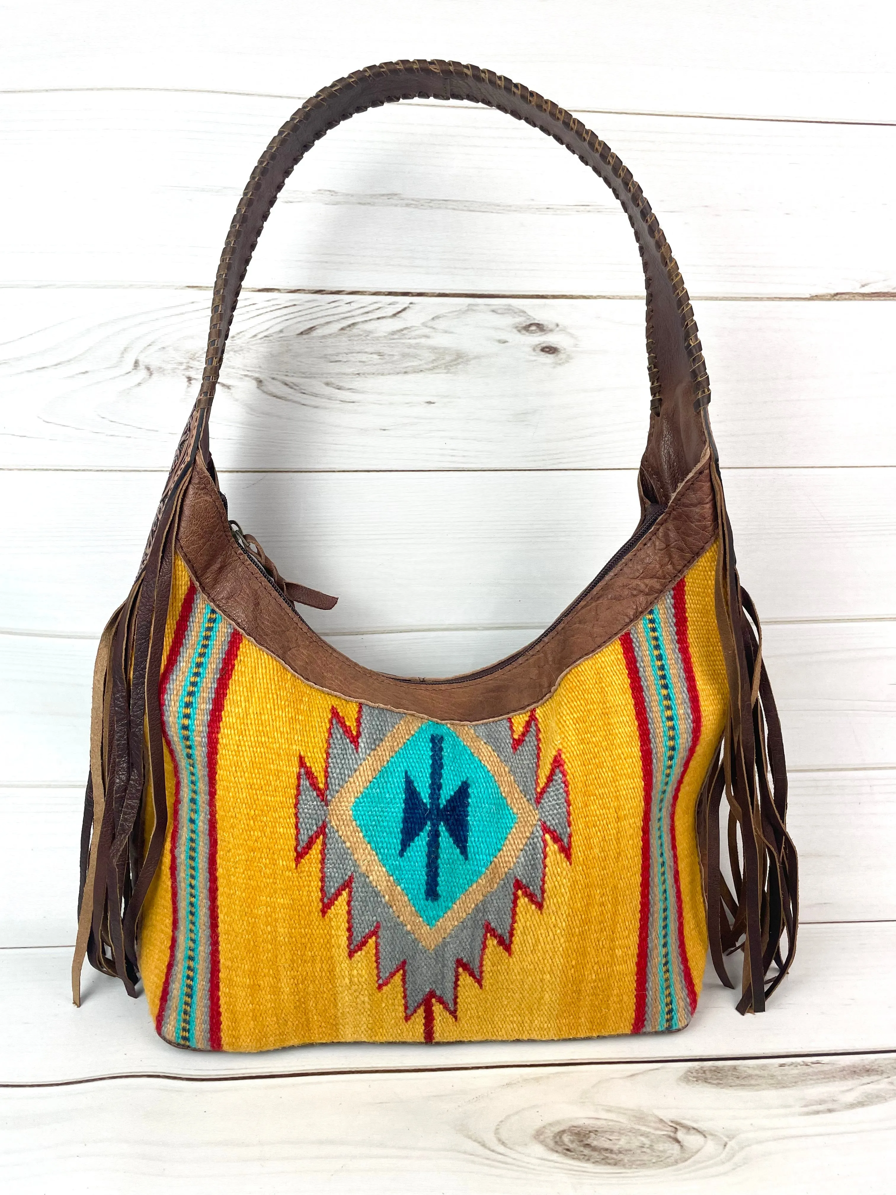 Yellow and Turquoise Wool Pattern Hobo Leather Fringe Handbag
