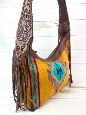 Yellow and Turquoise Wool Pattern Hobo Leather Fringe Handbag